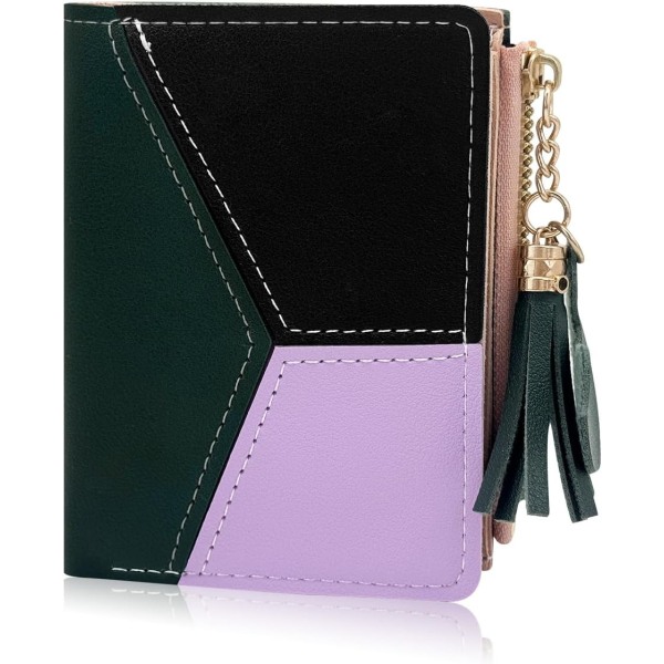 Dame-lommebok med glidelås, liten veske med metallklikk, lærlommebok for kvinner med myntveske, multifunksjonslommebok for damer (grønn)
