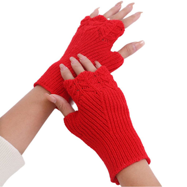 Dame Student Høst Hullet Strikket Fingerløse Hansker Fiske Skala Design Ensfarget Halv Finger Votter Tommel Hull Arm Varmere Red