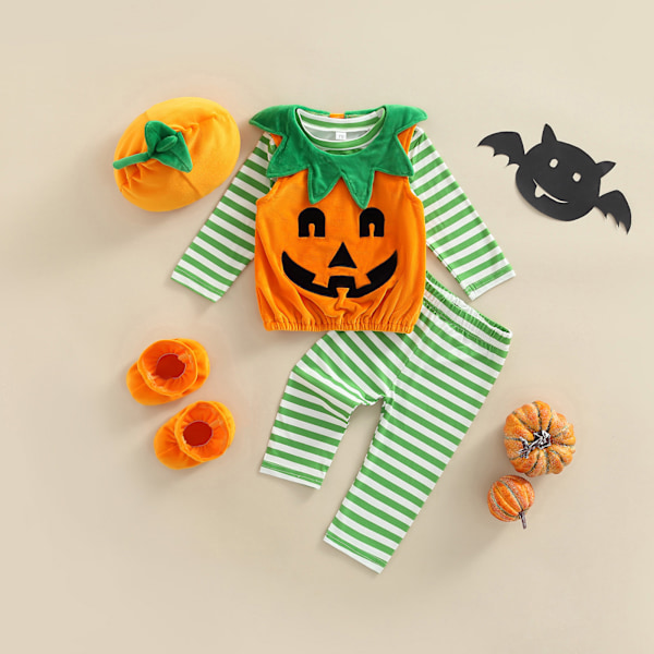 Ma & baby Halloween-kostymer for babygutter og -jenter 0-3 år, gresskar-klær for nyfødte, langarmede topper + bukser + lue + sko Naranja 6-12Months