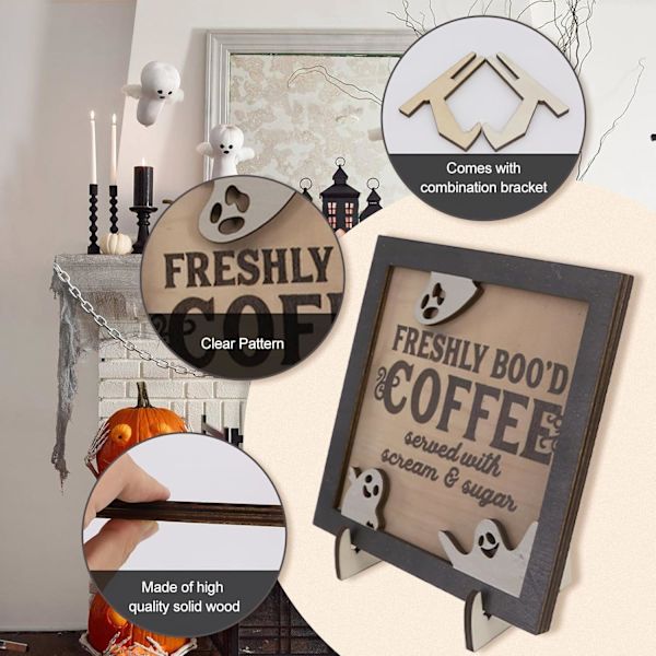 Halloween hantverk kaffebar skylt trä söt spöke halloween dekorationer inomhus med stativ 5,9 tum bordsdekor skylt