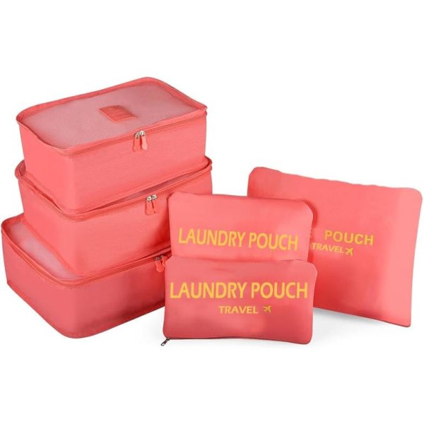6 STK Reisepakkekubersett for klær Reisebagasjeoppbevaringsposer Vanntette nylonbagasjeoppbevaringsposer (rosa)