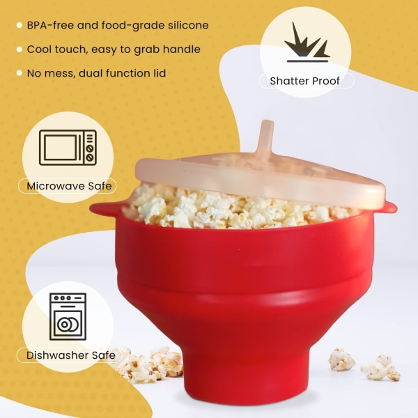 Popcorn kulho Silikoninen mikrokulho popcornille - Kokoontaitettava punainen-WELLNGS