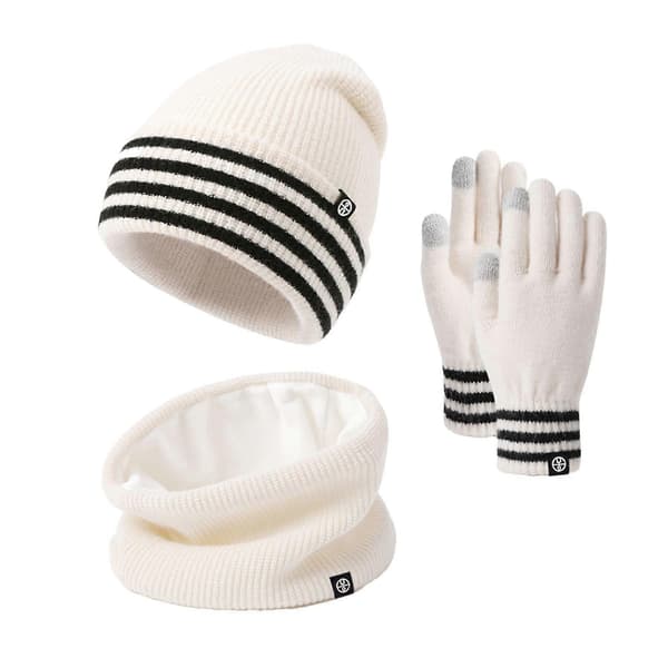 3 st/set Vintermössa Halsduk Handskar Set Randigt Tryck Förtjockat Sammetsfoder Vindtät Varm Mössa Halsduk Pekskärmshandskar Set Beige