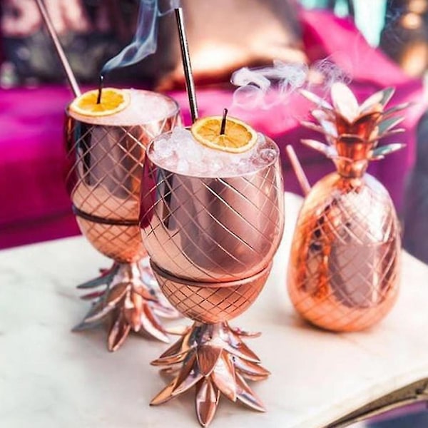 2 stk. plastkopp 500 ml ananas drikkekopper tumbler med strukket sugerør vinglass drikke cocktail øl juice kopper bar fest drikkevarer flerfarget Bronze