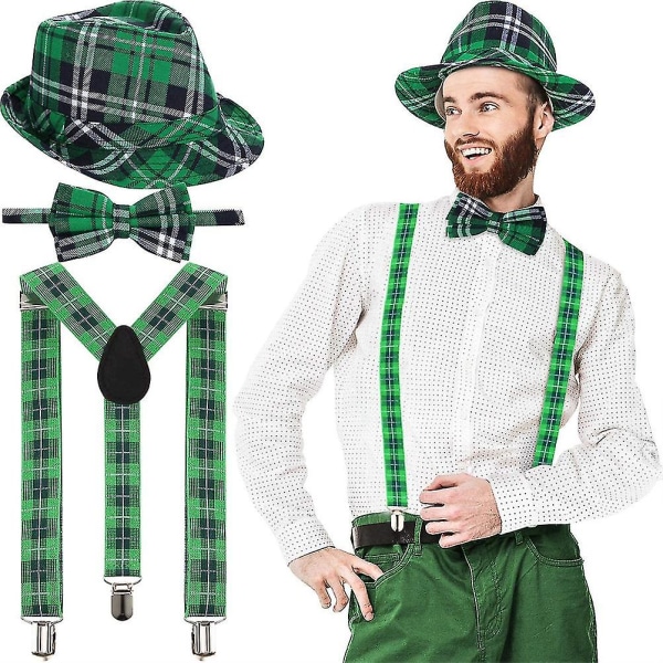 3 stk St Patrick's Day Hat Grønn rutete stoff Fedora Hat Sløyfe og seler St Patrick S' Day Kostymer Tilbehør