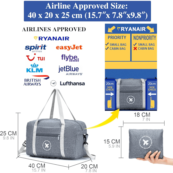 Kabinebagage 40x20x25cm Ryanair Maksimal Størrelse, Rejsetaske 20L Foldbar Weekendtaske Opbevaring Stor Rejsetaske til Mænd og Kvinder, 1 Styk