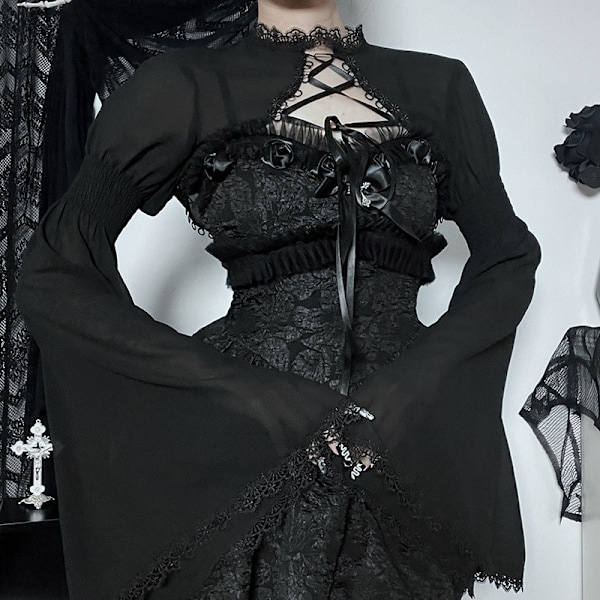 Gotisk Elegant Korte Skuldre med Snøring - Goth Chiffon Bluser med Flare Ermer - Svart Emo Alternativ Overdel M