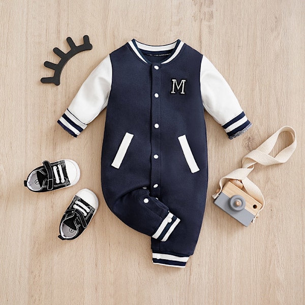 Nyfödd Bebispojke Basebollkläder Långärmad Bomullsromper Toddler Spädbarnskläder 0 3 6 9 12 Månader Navy Blue 6-9M 73CM