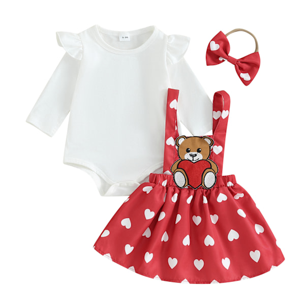 Baby Girls Long Sleeve Suspender Bear Heart Dress and Outfit Set with Suspender and Headband for Fall Kids Clothes Made in China Cotton