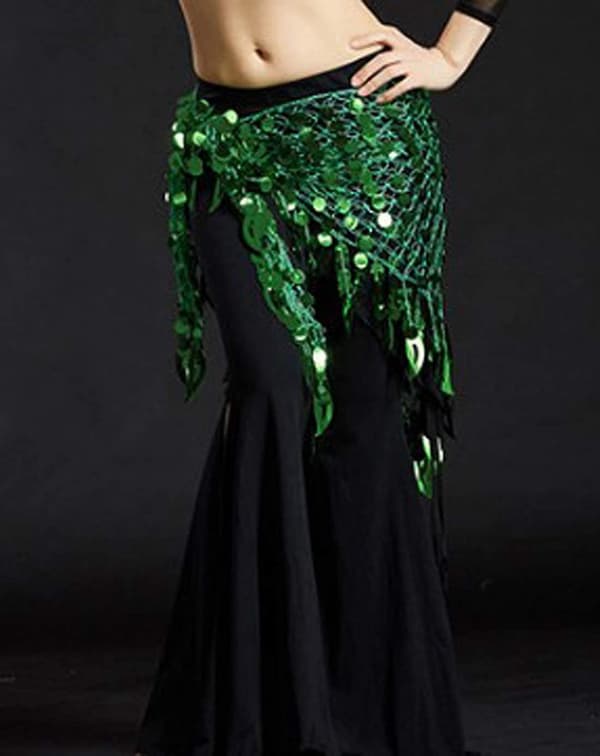 Heytea Women's Belly Dance Hip Scarf Sequins Mesh Triangle Wrap Skirts Dark Green -
