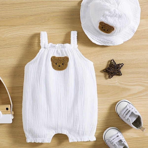 Adorable 2-piece bear romper and bucket hat set, perfect for babies of both sexes