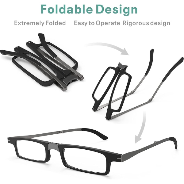 Ultralätta och tunna hopfällbara läsglasögon Vikbara läsare för män Kvinnor Kompakt bärbar rektangulär case 150 Diopters
