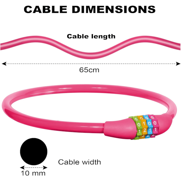 Cykellås, 4-cifret kode cykellås, 65 cm bærbar tyverisikret cykelkode lås, nulstillelige kombinationer 4 cifre koder lås (Pink) Pink