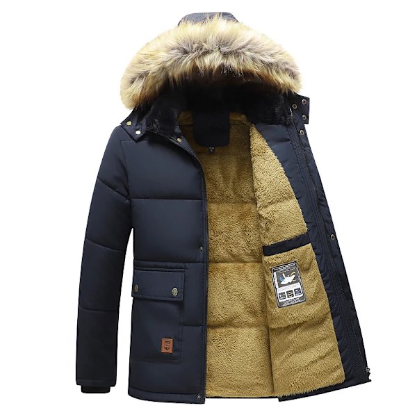 Vinterjakke til mænd 2024 - Tyk fleece, vindtæt, med hætte og pelsfor, parka, klassisk afslappet jakke Negro M