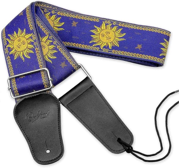 SQCLV Gitarrrem, Vintage Broderade Solremmar med Äkta Läderändar Gitarr Axelrem för Bas, Akustisk, Klassisk & Elgitarr (Svart)