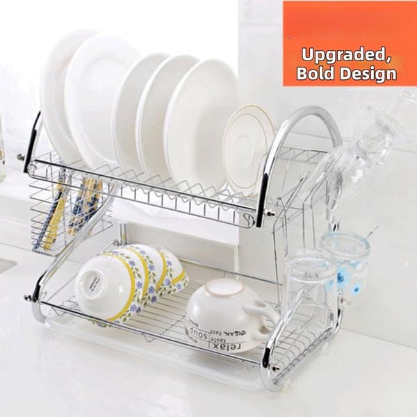 Stainless Steel Dish Drying Rack - 2-Tier, Large Capacity, Kitchen Drainer with Removable Drip Tray, Rustproof Drying Rack for Small Kitchens