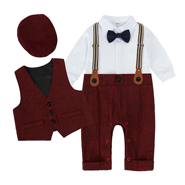 2023 Høst Baby Gutter Gentleman Dress 4-delt Formell Sett Baby Gutter Klær Hatt Vest Hvit Skjorte Seler 4 EU: 6-9m