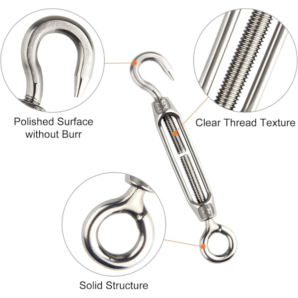 10 stk. spennstrammer i rustfritt stål 304, krok og øye, justerbar spennstrammer M4, sett med kraftige spennstrammere