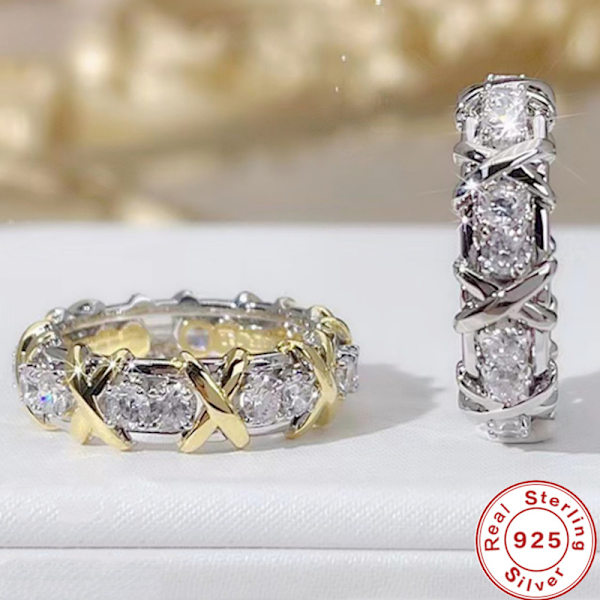 Lyxig 925 Silverring med Interlaterad AAA Zirkonkristall för Förlovningsjuveler för Kvinnor Present 2 Färger Guld och Silver BE07