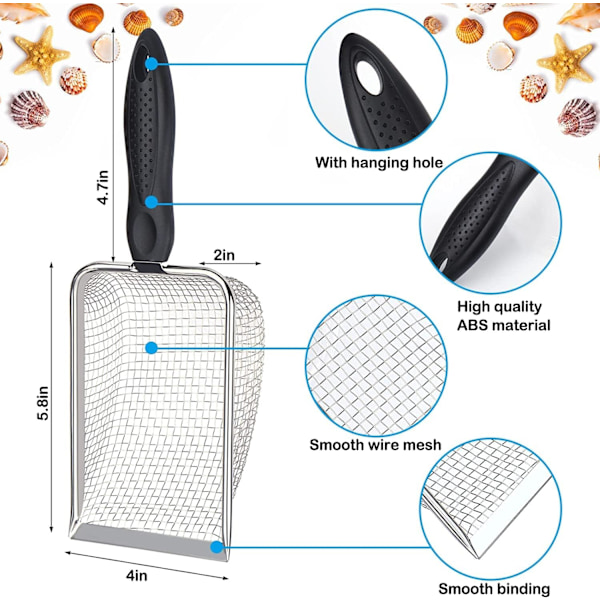 Strand Mesh Spade med Mesh Strandveske for Skjellinnsamling, Barn Filter Sand Scooper for å plukke opp skjell, Shark Tooth Sifter Dipper