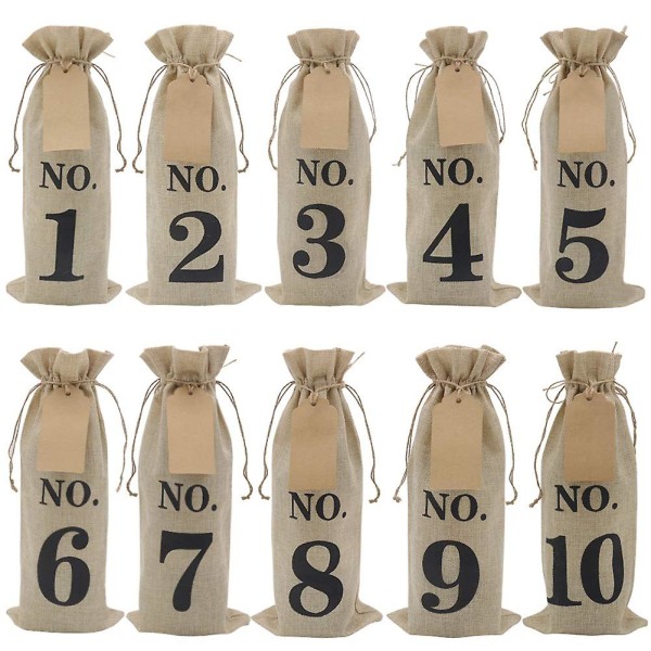 10 kpl säkkikangasviinipusseja etiketeillä sokean viininmaistelua varten, numeroidut Hessenin kangaslasilahjapussit
