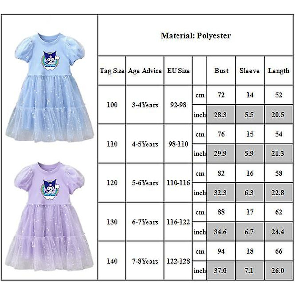 Sanrio Cartoon Anime Kawaii Kuromi Paljetter Prinsessklänning Barn Flickor Sommar Kortärmad Födelsedagsfest Tyll Tutu Kjol Present Blue 5-6 Years
