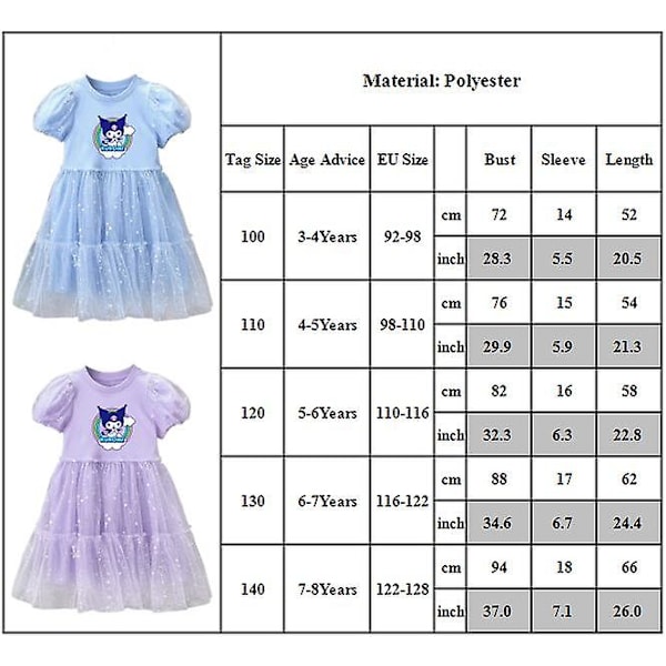 Sanrio Cartoon Anime Kawaii Kuromi Paljetti Prinsessa Mekko Lapset Tytöt Kesä Lyhythihainen Syntymäpäiväjuhlat Tulle Tutu Hame Lahja Blue 3-4 Years