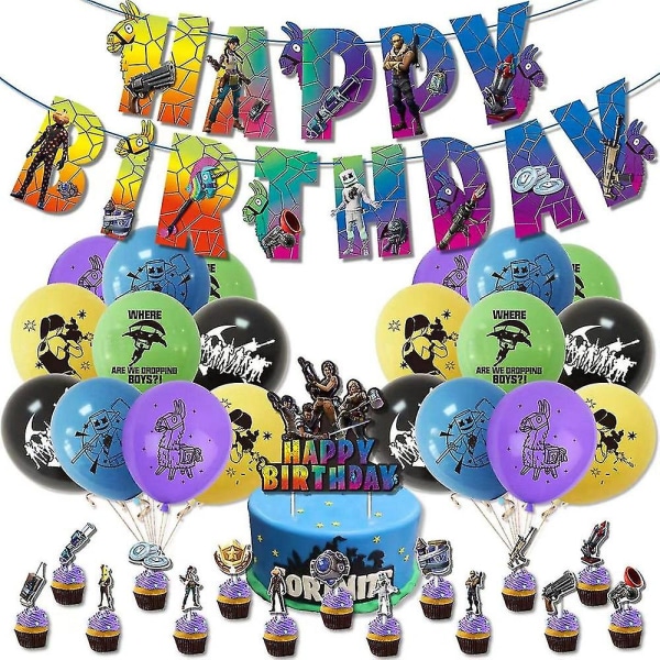Fortnite Speltema Födelsedagsfest Tillbehör Set Ballonger Banner Cake Toppers Decors Kit för barn Pojkar