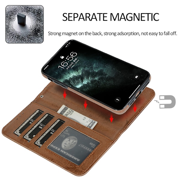 Sopii IPhone 13 Pro Max -puhelimelle, retro himmeä kaksi-yhdessä korttipaikalla varustettu jaettu nahkakotelo brown