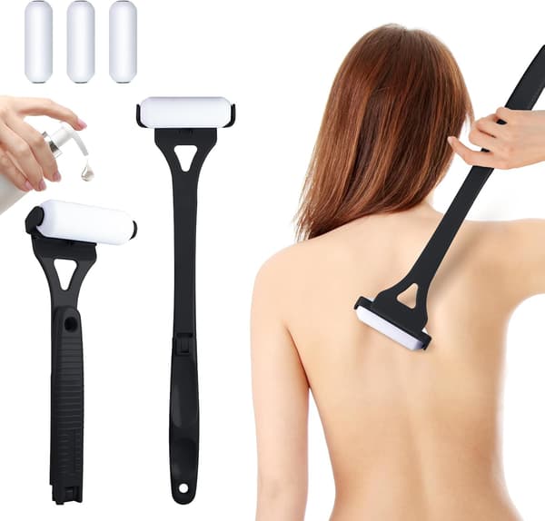 Back Lotion Applicator with Long Handle, 4 Reusable Foam Rollers & Foldable Design for Easy Self-Application, Black Black