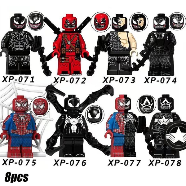 8 stk. Superhelt-serie Minifigur Byggeklodser Sæt, Venom Spiderman Mini Actionfigurer Legetøj Gaver Hjem Dekoration