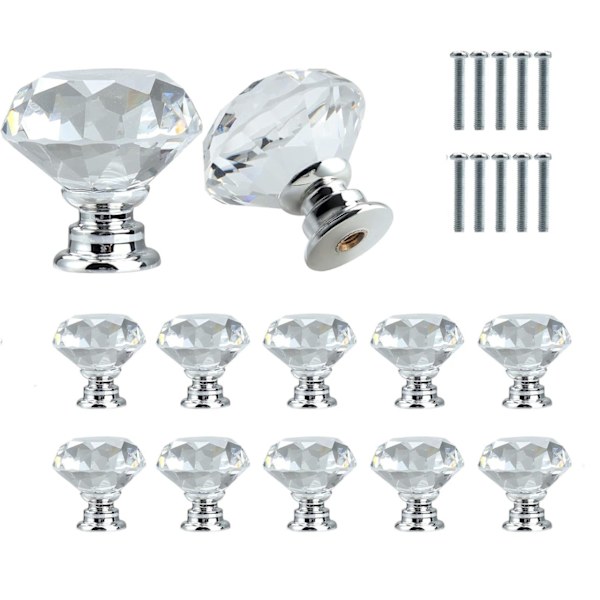 10-pack Crystal Knobs - Diamond Shaped Glass Knobs, Clear/Silver, Cabinet Handles, Drawer Pulls with Screws