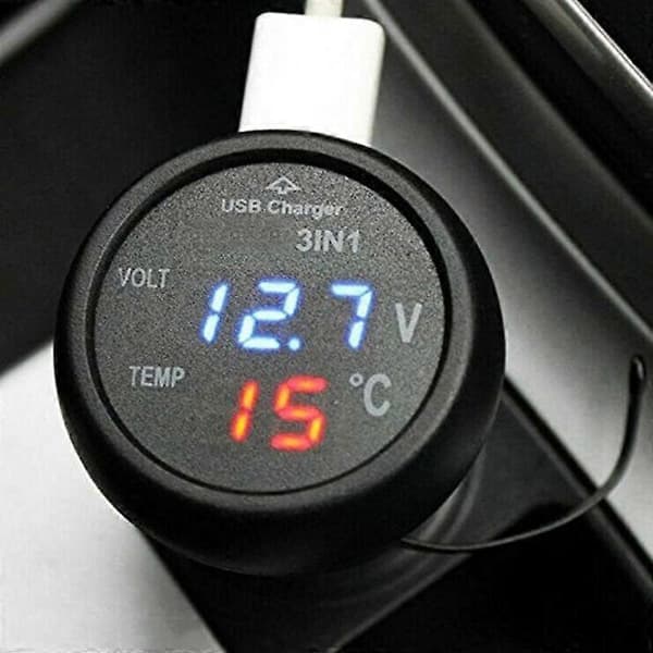 Bil Digital Voltmeter Termometer USB Oplader Bil Cigarettænder Stik Digital Voltmeter Termometer 3 I 1 Måler