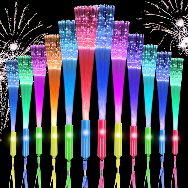 12 stk. Fiberoptiske stave til børn, 7 blinkende farver LED Glow Sticks Party Pack, 3 tilstande Light Up Fiber Optic Flashing Wands