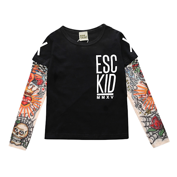 2020 New Spring Autumn Boys Girls Long Sleeve T Shirt Splice Hip Hop Style Flower Arm Tattoo T-shirt