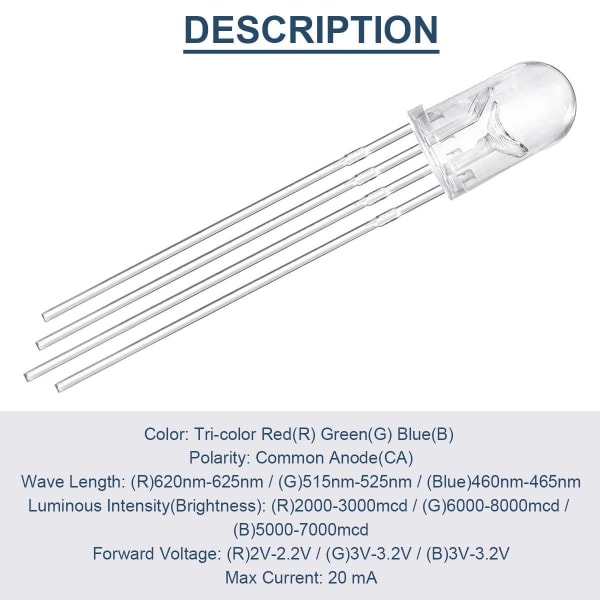 100 stk 5 mm lysdioder med fælles anode, DC 3 V, 20 mA, RGB tri-farve (rød/grøn/blå)