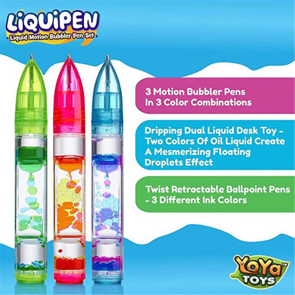 3 stk Liquid Motion Bubbler-penner Fargerike timerpenner Flotte for stress- og angstlindring Fidget-leker for barn Voksne