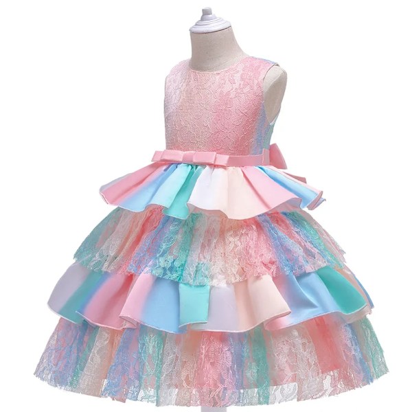 Babyflicka prinsessa spets tutu klänning mesh randig festklänning jul födelsedag halloween kostym babykläder 3-12 år L5260-Pink 130cm 5-6yrs