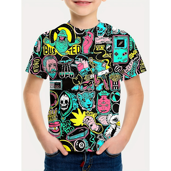 Minecraft Gutter Jenter T-skjorte Søtt Mønster Tegneserie Trykk Rund Hals Morsom Kort Erme Topp Casual Vår Sommer Barn I 140cm