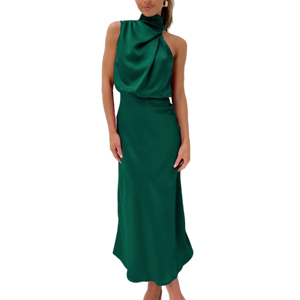 Elegante Sommerbryllupskjole til Kvinder - Ærmeløs Halter Satin Lang Aftenkjole verde militar S