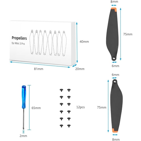 8 stk propeller for DJI Mini 3 Pro, utskiftbare propeller for droner, bladpropellerblad med skrutrekker og 12 skruer (svart oransje)