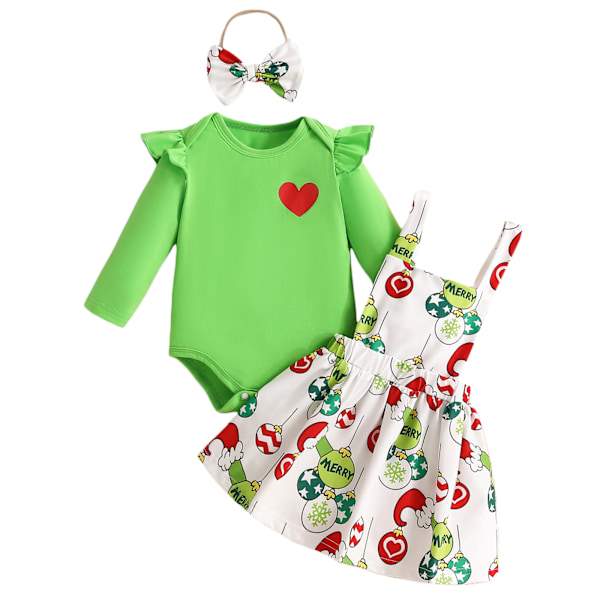 Ma & baby nyfödd flicka kläder set grön snöflinga tryck romper kjolar pannband juldräkt 0-18 månader Verde 6-9Months