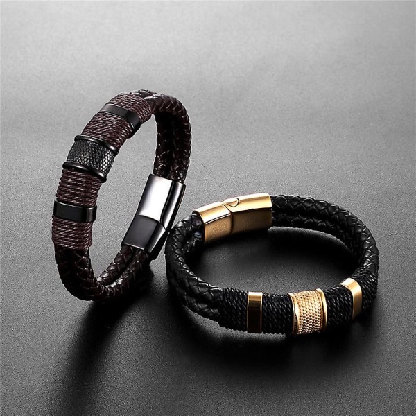 Vævet læderreb Special stil Klassisk rustfrit stål mænds læderarmbånd dobbeltlagsdesign B