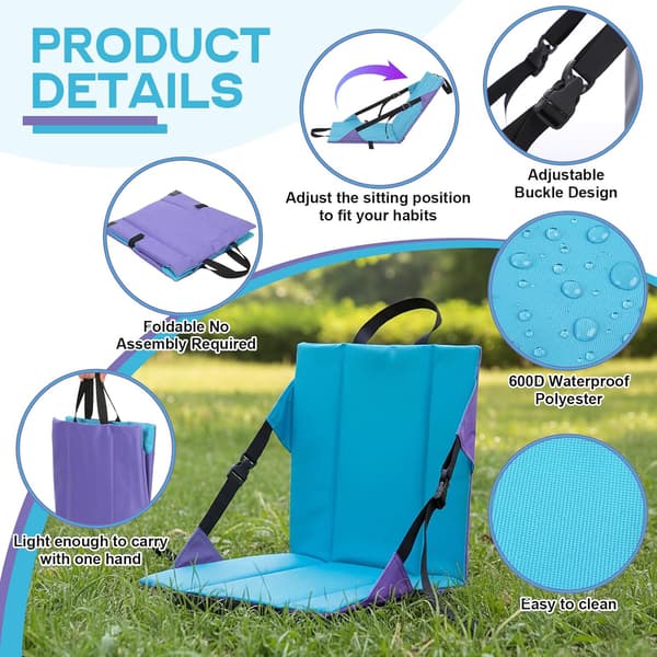 2-pack Stadium Seats with Backrest, Foldable Bleacher Chairs with Cushion and Adjustable Strap, Lightweight Folding Seat Blue and Purple