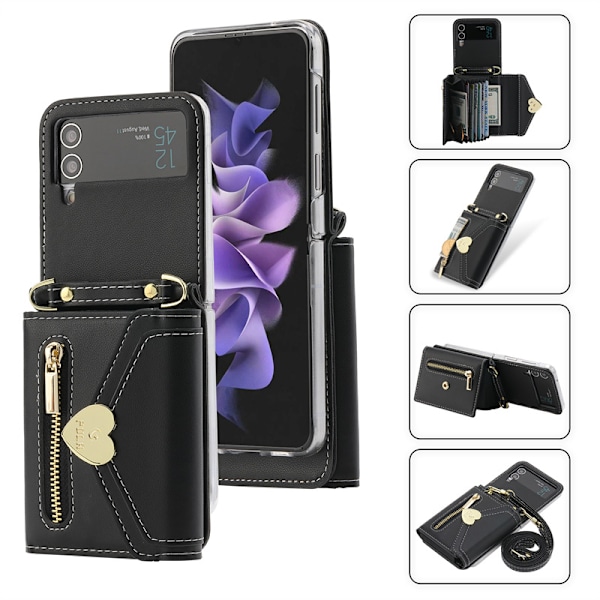 Ensfarvet Samsung ZFlip3 mobiltelefon cover metal kærlighed lynlås pung kort slot crossbody beskyttende læder Sky blue