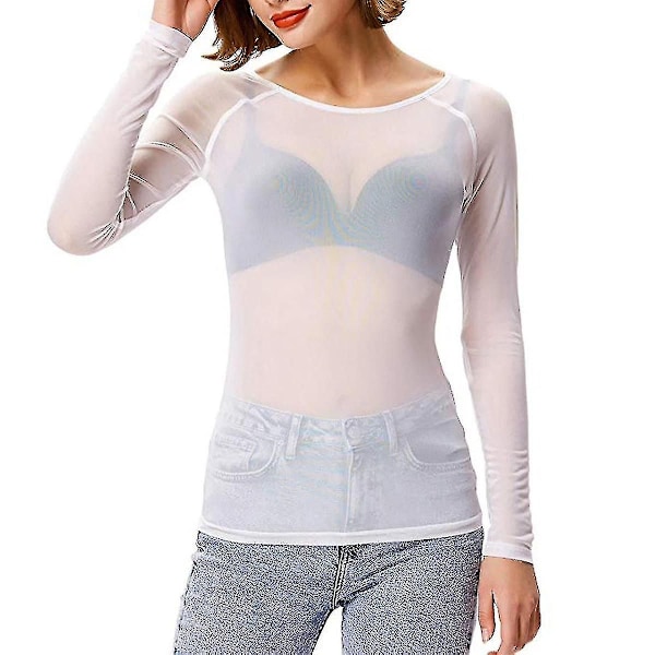 Jul Kvinnor Genomskinlig Långärmad Sömlös Armformare Topp Mesh Skjorta Blus White M