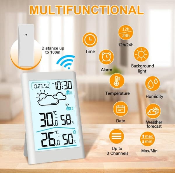 Vit Trådlös väderstation, Termometer Hygrometer Barometer Inomhus Utomhus med LE-sensor