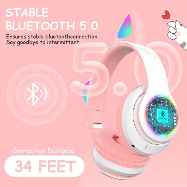 Bluetooth-hodetelefoner for barn, LED Light Up Cat Ears