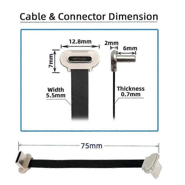 UC-170-0.07M 75mm Vinklet USB-C til USB-C Ultra Slim Flat USB2.0 Datakabel 65W Hurtigladekabel for L