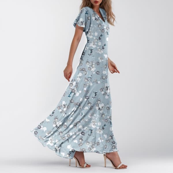 Dame maxikjole, blomstret, afslappet V-hals, korte ærmer, flydende lang kjole til strandbryllupsgæst lyseblå light blue XL